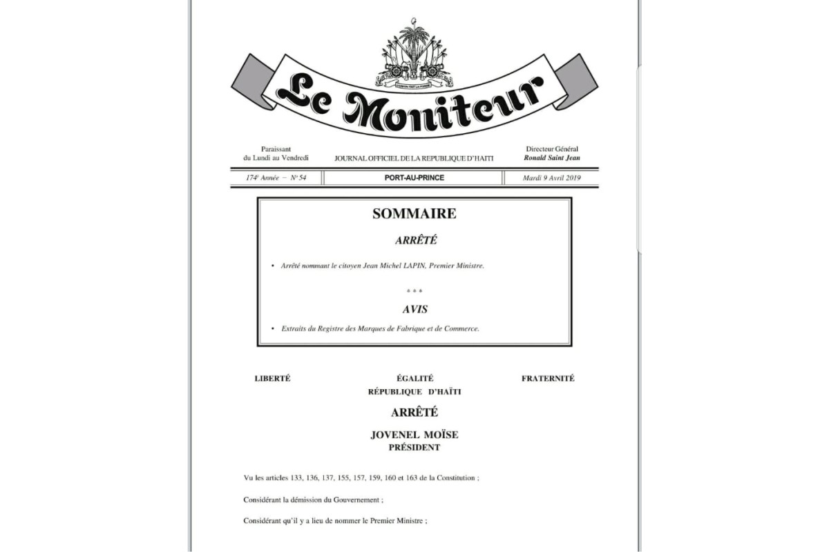 Publication de l’arrêté présidentiel nommant Jean Michel Lapin Premier ministre