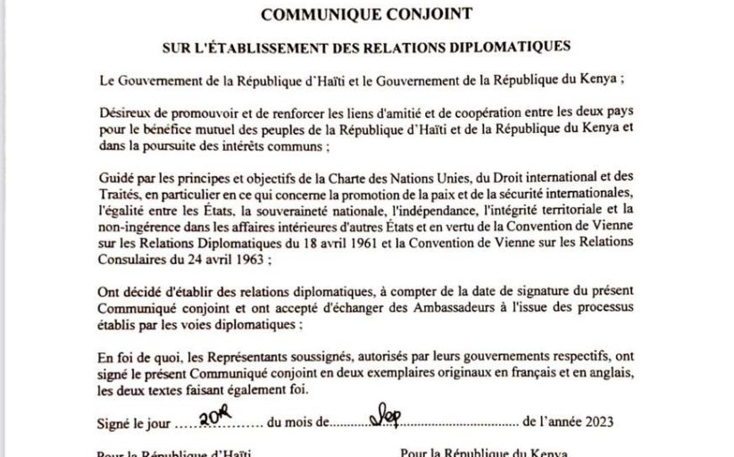 Communiqué conjoint sur l’établissement des relations diplomatiques entre Le Gouvernement de la République d’Haïti et le Gouvernement de la République du Kenya