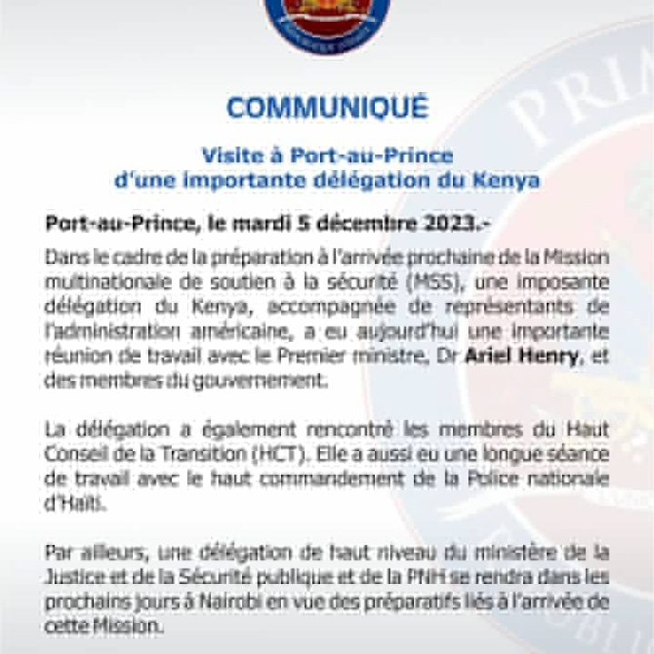 *Visite à Port-au-Prince d’une importante délégation du Kenya*  *Port-au-Prince, le mardi 5 décembre